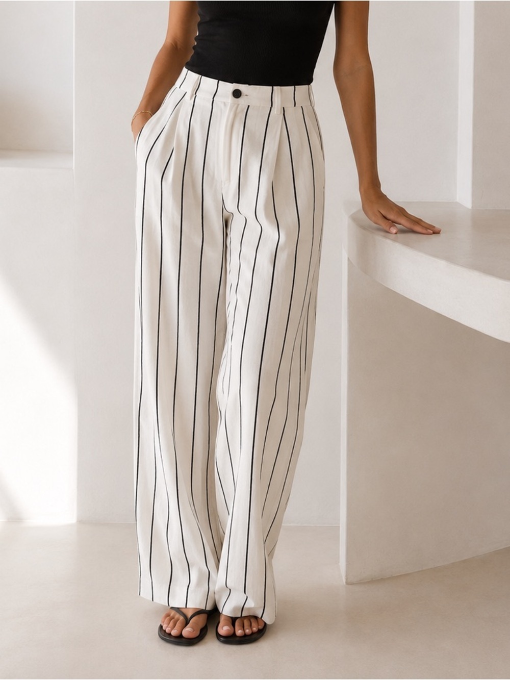 Ralph Lauren sz 2 White Linen Pinstripe Casual Trousers wide leg